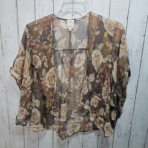 Ella Moss Anthropologie Women's Brown Silk Floral Sheer Cardigan Kimono Size XS.